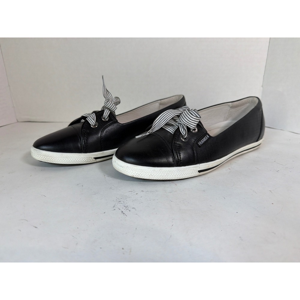 Frankie4 Hannah II Black Leather Ballet Sneaker Shoes Womens 10 Striped Laces
